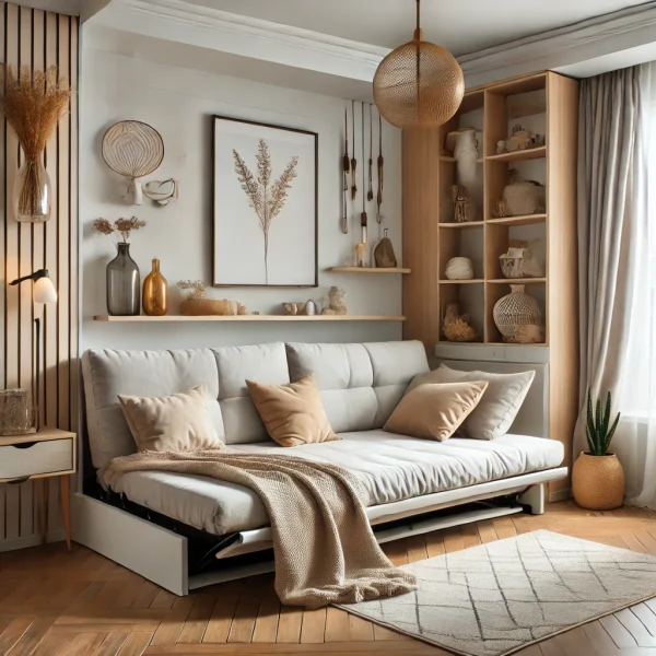 DALL·E 2024-07-19 12.41.45 - A convertible sofa bed in a stylish studio apartment, showing the transformation from sofa to bed with cozy decorations and natural light