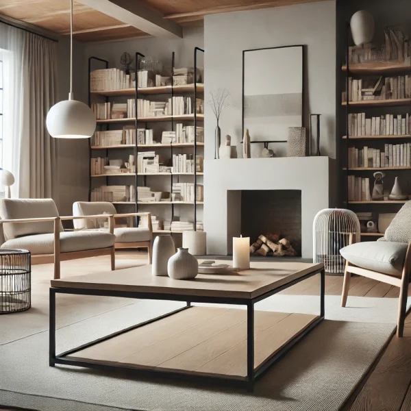 DALL·E 2024-07-19 12.41.52 - A minimalist coffee table with clean lines and a sturdy construction in a cozy living room with a fireplace, bookshelves, and comfortable seating