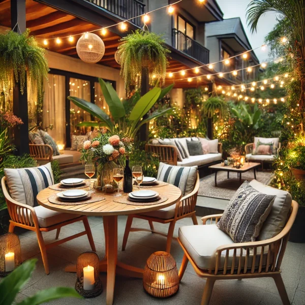 DALL·E 2024-07-19 12.42.01 - An outdoor patio set including a table, chairs, and cushions in a beautifully decorated patio area with greenery, string lights, and a cozy atmosphere
