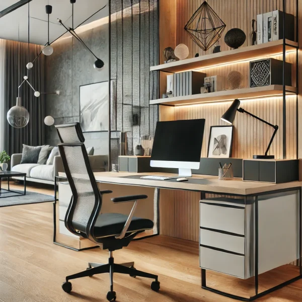 DALL·E 2024-07-19 12.42.14 - A modern office desk with a sleek design, spacious surface, built-in storage, and ergonomic mesh chair in a contemporary home office with stylish deco